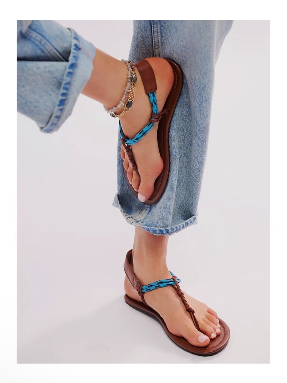 NEW Free People Island Hopping Women's Brown & Blue Strappy Flat Sandals Size 8